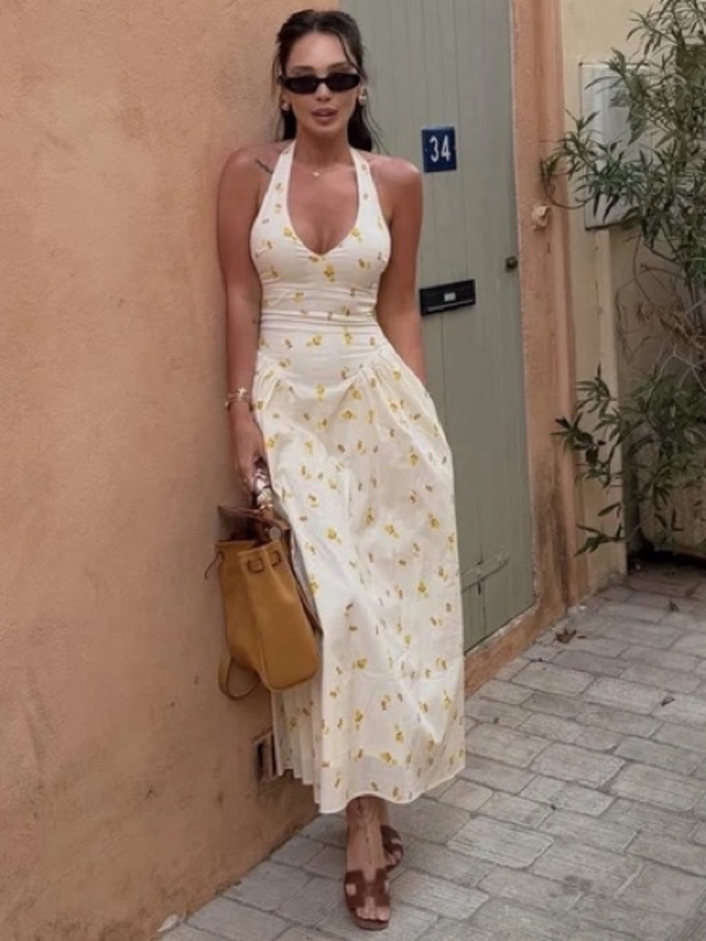ZARA Lemon Print Halter Midi Dress Cream Yellow NWT Size M